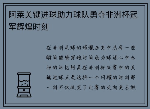阿莱关键进球助力球队勇夺非洲杯冠军辉煌时刻